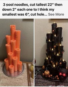 two pictures side by side one has candles and the other has an upside down cake