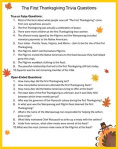 the first thanksgiving trivia questions are shown in this printable worksheet for kids