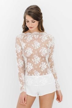 An exclusive style made in Paris by Elise Anderegg for Girl&aSeriousDream. Crafted in one of... Lace Blouse Styles, Wedding Dress Topper, Dress Topper, Night Out Tops, Sheer Wedding Dress, Silk Romper, Bridal Separates, Lace Kimono, Lace Camisole