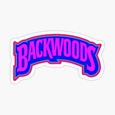 the backwoods logo sticker in pink and blue on a white background,