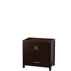 the cabinet is brown and has two doors on one side, and an open drawer on the other