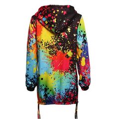 Jacket is made from cotton and polyester material and is long sleeved with a zipper and multi color paint splash design. Traditional Jacket, Colorful Jacket, Fusion Design, Casual Art, Outwear Coat, Hoodie Coat, Print Coat, Elastic Fabric, Casual Coat