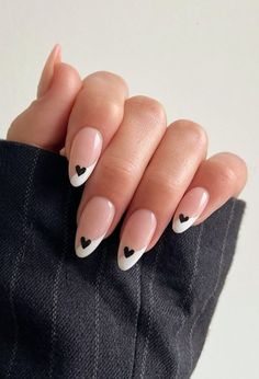 if you need your next manicure to look classic and cute then you might want to take a look at these stunning black and white nail designs! White And Black Gel Nails, Black And White Nails Almond, Black And White Nail Designs, Heart Nail Designs, Sweater Nails, Nail Designs Valentines