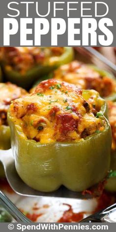 stuffed peppers with cheese and sauce in a casserole dish on a white plate