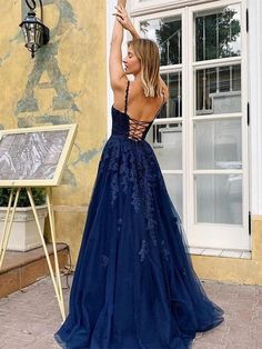 Silhouette:?A Line Waist: Natural Sleeve Length: Sleeveless Fabric:?Tulle Shown Color:?Navy Blue Built-In Bra: Yes Navy Blue Prom Dresses, Formal Ball Gown, Spaghetti Strap Prom Dress, Lace Formal Dress, Prom Dresses Sleeveless, Long Prom Dresses, Grad Dresses, Lace Evening Dresses, Dresses Elegant