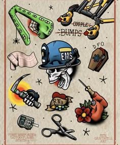 an old school tattoo design with various items