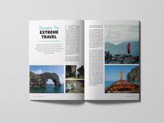 an open travel brochure with images of people on the rocks and in the water