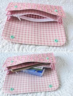 two pink and white checkered purses sitting on top of a bed next to each other