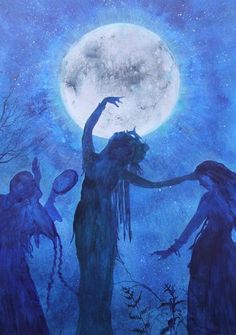 three witches dancing in the moonlight under a full moon, with their arms stretched out