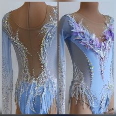 the back of a blue and silver ballroom dress with sequins on it's shoulders