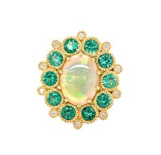 18 karat yellow GoldAustralian crystal Opal cabochon, 2.96 total carat weight10 round Emeralds,1.46 total carat weight 180 Bezel-set and Pave-set Diamonds, 0.87 total carat weight accents on the head, gallery, and tri-split shankSize 7 Item# 200-01076 Luxury Heirloom Cabochon Opal Ring, Luxury Opal Ring With Cabochon Cut, Luxury Gold Opal Ring With Oval Cabochon, Luxury Hallmarked Oval Cabochon Opal Ring, Yellow Gold Opal Cabochon Ring, Luxury Cabochon Opal Ring, Luxury Polished Opal Ring, Oval Cabochon, Colored Stone Rings, Jewelry Accessories Ideas