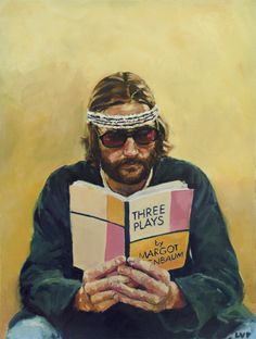 a painting of a man sitting down reading a book with sunglasses on his head and the title three plays