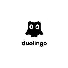 a black and white logo with an owl's head in the center, which reads duolingo