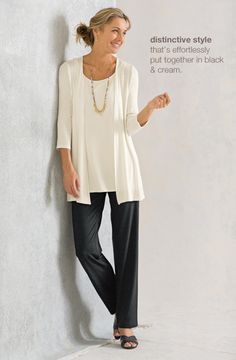 Wearever sheer cardigan, wearever cami, wearever straight-leg pants, cross-strap slides  mixed shell  beads necklace | www.jjill.com Jjill Outfits, Fashion For Women Over 60 Outfits, Fashion For Over 50, 60 Outfits, Sheer Cardigan, Shell Beads Necklace, Stil Boho, 60 Fashion, Over 50 Womens Fashion