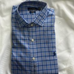 Nwt Mens Long Sleeve Dress Shirt By Polo By Ralph Lauren. Blue Material, Slim Fit. Size 16 1/2-34/35 Casual Plaid Dress Shirt For Business, Casual Blue Slim Fit Dress Shirt, Casual Plaid Collared Dress Shirt, Blue Preppy Shirt For Workwear, Casual Blue Fitted Dress Shirt, Preppy Blue Shirt For Work, Blue Preppy Shirt For Work, Blue Cotton Dress Shirt With Spread Collar, Fitted Cotton Preppy Shirt