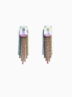 Add some shimmer and shine to you next look with these multicolor rainbow earrings in a drop fringe design with faceted stone accents. Post back. Man-made materials. Imported. The best plus size women's oversized rainbow stone fringe dangle earrings in black. Torrid is your destination for cozy fall and winter clothes to keep you warm and comfortable. Glamorous Multicolor Dangle Crystal Earrings, Rainbow Stone, Statement Hoop Earrings, Holiday Bows, Shimmer And Shine, Shimmer N Shine, Filigree Earrings, Hoop Earring Sets, Rainbow Earrings