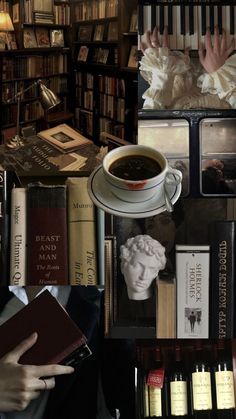 a collage of books, coffee and other items in front of a person's head