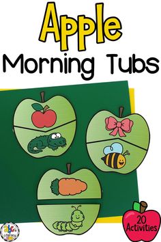 an apple themed morning tub with the words apples and caterpillars on it