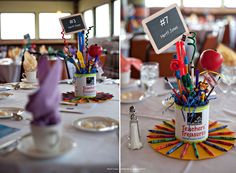 there are two pictures of the same place setting at this event, one is decorated with markers and pencils