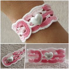 crocheted bracelets with white hearts on them and the word love spelled out