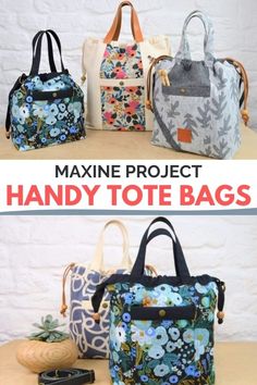 three different bags with the text, how to make project handy tote bags