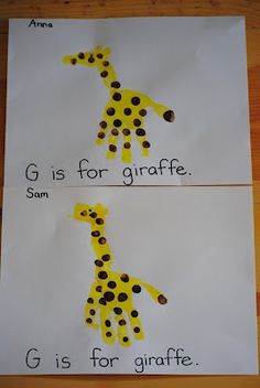 two children's handprints depicting giraffes and the words g is for giraffe