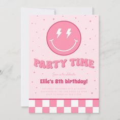 a pink party time birthday card with a smiley face on the front and lightning bolt in the middle