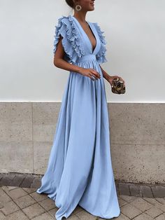 Flying Sleeves V-neck Open Back Solid Long Flowy Dress DRE2107222229LNLUS LightBlue / 2 (S) Red Dress Formal, White Dress Flowy, Long Flowy Dress, Long Skirt Fashion, White Evening Dress, Elegant Party Dresses, Elegant Maxi Dress, White Dress Party, Ruffle Sleeve Dress