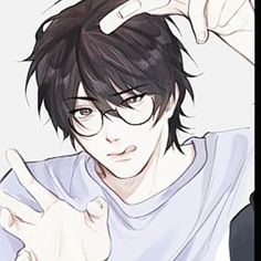 a man with glasses making the v sign while holding his hand up in front of him