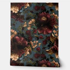 a floral wallpaper with red and yellow flowers on a dark blue background is featured in this image