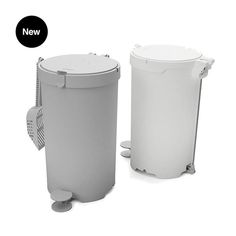 two trash cans sitting next to each other on a white surface, one is empty