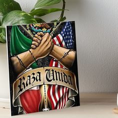 two hands holding each other with an american flag behind them art board print on canvas