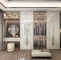 a walk in closet with white walls and wooden flooring, an ottoman on the side