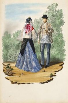 an illustration of a man and woman dressed in period clothing walking down a dirt road