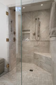 a walk in shower sitting next to a toilet