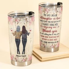 two personalized stainless steel travel mugs, one with the words daughter - in - law