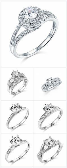 an assortment of wedding rings with different styles and designs on them, all in white gold