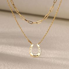 "Necklace Details 📿 ------------------------------------------------------ Feature: Layer necklace, horseshoe pendant, paperclip chain, engraved name Material: High quality 925 Sterling Silver Color: Silver, Gold, Rose Gold. Chain length: 16\" and 20\" both with 2\" extension, 14\" and 24\" without extension chain, please contact us for custom lengths. Closure: Lobster claw. Chain type: Default cable chain and paperclip chain Package: Default Jewelry Pouch, the material is very soft, protect th Horseshoe Meaning, Equestrian Necklace, Horseshoe Pendant, Horseshoe Necklace, Equestrian Jewelry, Name Necklaces, Horse Jewelry, Horse Gifts, Layer Necklace