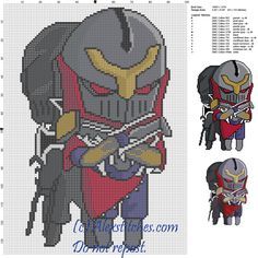 the cross stitch pattern shows an image of a knight with armor on his face and chest