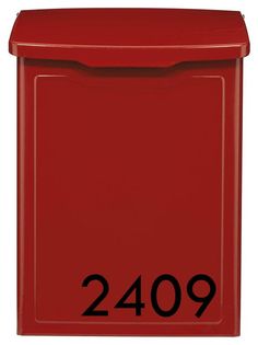 a red mailbox with the number 2409 on it's front and side