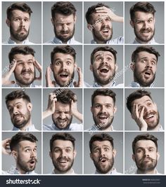 multiple images of different facial expressions on a man's face, including the head and shoulders