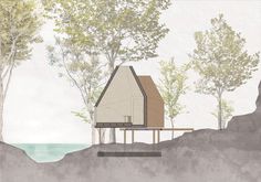 a drawing of a house on top of a hill next to the ocean and trees