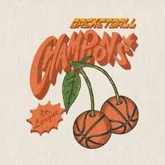 an orange and green basketball logo with two cherries hanging from it's side