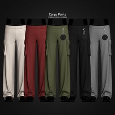 four different colored pants with buttons on the front and side pockets, all in various colors