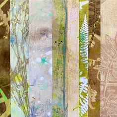 an assortment of mixed media images with different colors and textures, including green, brown, blue, yellow, and white