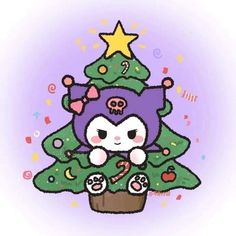 a drawing of a cat sitting on top of a christmas tree