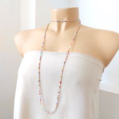 "This is a one strand beaded multi color necklace, with NO CLASP, and can be worn in multiple ways, as shown in pictures. Matching bracelet found here: https://www.etsy.com/listing/1037602923/pink-and-yellow-beaded-bracelet ❤ SIZES This item is one size fits all. ❤ PROCESSING AND SHIPPING Most orders are made and shipped out in one business day. Please check delivery timeframes for your location on the description below. ❤ CUSTOM ORDERS If you like this item in a different color, send me a messa Pink Single Strand Beaded Necklace For Gift, Colorful Multi-strand Beaded Necklace As Gift, Pink Multi-strand Beaded Necklace, Pink Adjustable Multi-strand Necklace, Pink Multi-strand Faceted Bead Necklace, Multi Coloured Necklaces, Blue Beaded Necklace, Color Necklace, Red Necklace