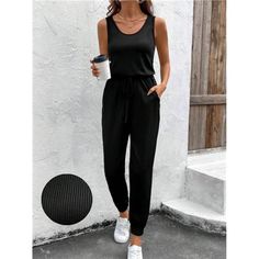 -Item Id 40626824 -Details: Pocket -Neckline: Scoop Neck -Style: Casual -Waist Line: High Waist -Color: Black -Pattern Type: Plain -Type: Other -Sleeve Length: Sleeveless -Length: Long -Fit Type: Regular Fit -Fabric: Medium Stretch -Material: Fabric -Composition: 96.0% Polyester, 4.0% Elastane -Care Instructions: Machine Wash Or Professional Dry Clean -Pockets: No -Body: Unlined -Sheer: No **Open To Offers!!!** **Bundle To Save More** **30% Off Bundles Of 2 Or More Items!!** ***Orders Go Out Wit Casual Black Sleeveless Jumpsuits And Rompers, Black Sleeveless Solid Jumpsuit, Casual Sleeveless Jumpsuits And Rompers For Work, Sleeveless Black Jumpsuit, Womens Jumpsuits Casual, Comfy Jumpsuits, Tie Waist Jumpsuit, Boutique Pants, Casual Day Outfits