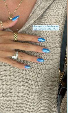 Nail Ideas Just Color, Royalty Blue Nails, Like Blue Nails, Sky Blue Nails Almond Shape, Summer Nail Inspo Chrome, French Tip Nails Almond Color, Navy Graduation Nails, Royal Blue Crome Nails, Hoco Nail Inspo Short