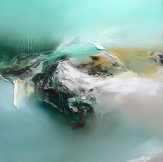 an abstract painting with blue, green and white colors